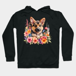 A german shepherd decorated with beautiful watercolor flowers Hoodie